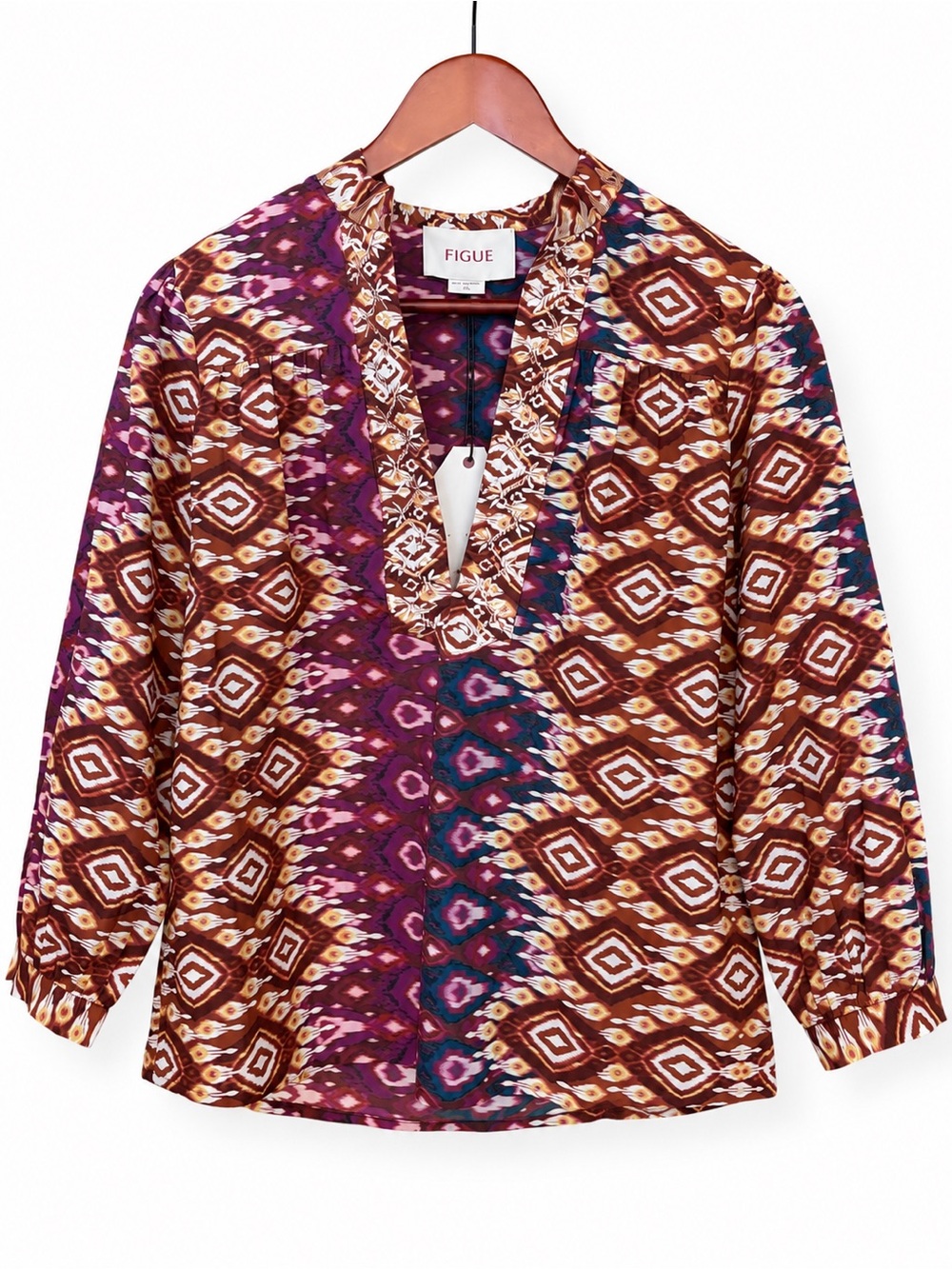 Figue Danila Top Women's XS NWT Multicolor Ikat Embroidered Blouse